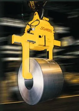 Yellow Somers-branded coil tong gripping a steel coil — heavy-section mill-duty equipment.