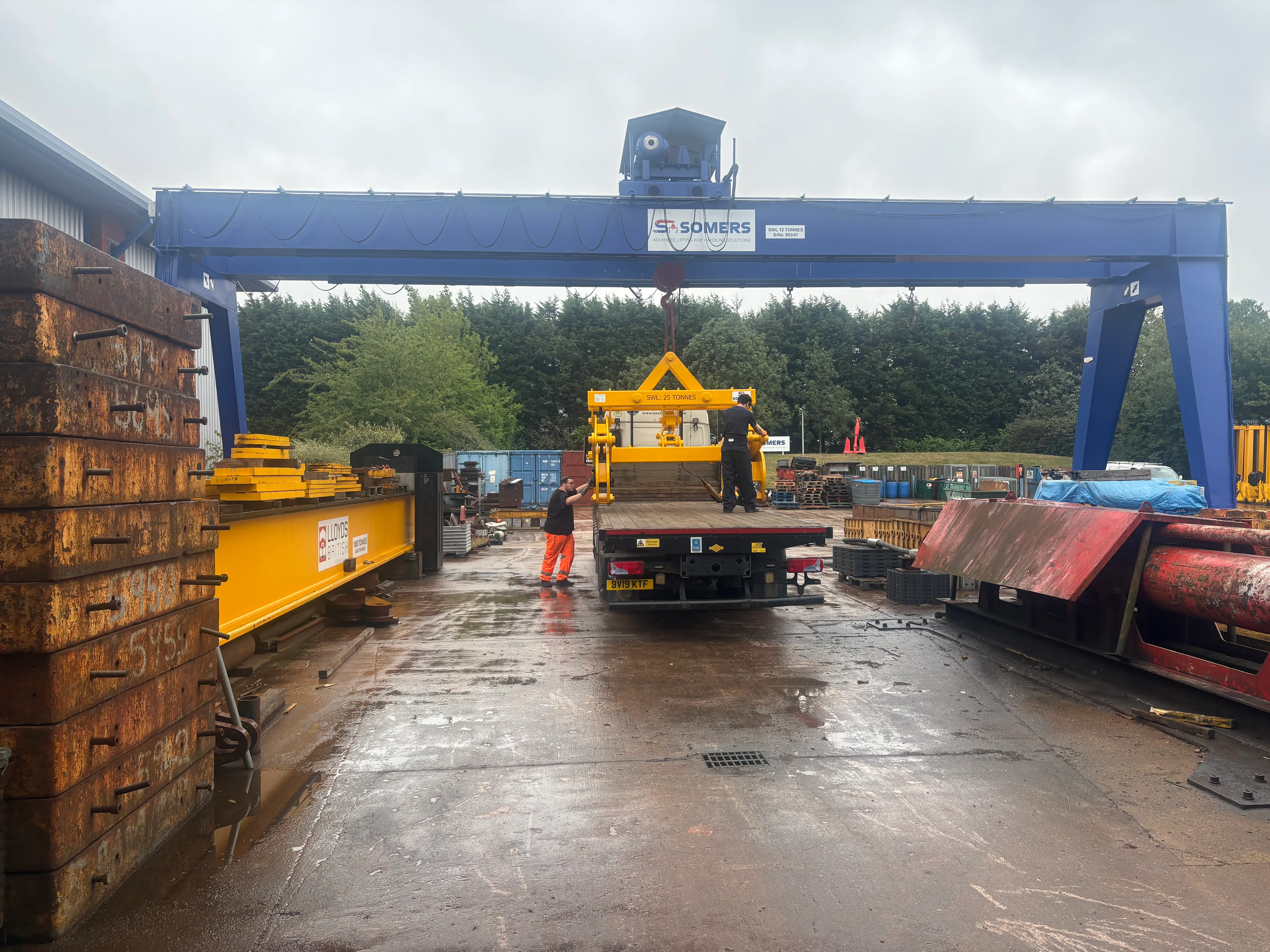 Somers Handling gantry crane and yellow lifting equipment at the Wednesbury works.